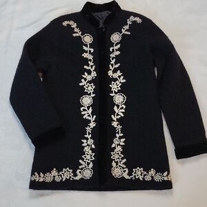 Black Winter Coat with White Floral Embroidery